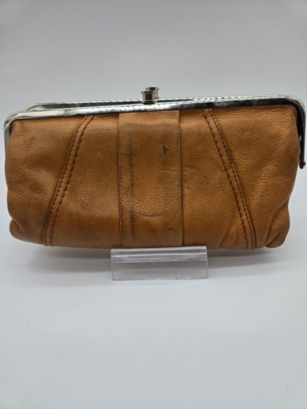 HOBO Lauren Caramel Distressed Leather Double Frame Clutch Wallet Rustic Leather